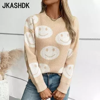 JKASHDK Женская мода Повседневный свитер осень-зима с длинным рукавом и круглым вырезом S хаки