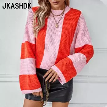 JKASHDK Женская мода Повседневный Осень Зима Цвет Блок Принт Длинный рукав О-образный вырез свитера S оранжевый