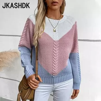 JKASHDK Женская мода Повседневный Осень Зима Цвет Блок Принт Длинный рукав О-образный вырез свитера S синий