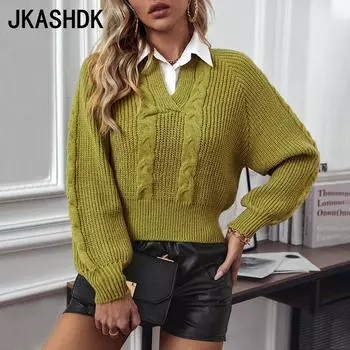 JKASHDK Женская мода повседневная осень-зима однотонный принт длинный рукав поло воротник свитера S зелёный