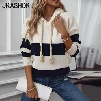 JKASHDK Женская мода Повседневный Осень Зима Цвет Блок Принт Длинный рукав С Капюшоном Свитеры S абрикосовый