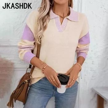 JKASHDK Women s Fashion Casual Fall Winter Solid Color Print Long Sleeve POLO Neck Sweaters