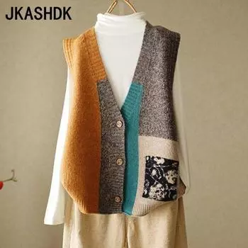 JKASHDK Women s Fashion Casual Fall Winter Sleeveless V-Neck Sweaters One size жёлтый