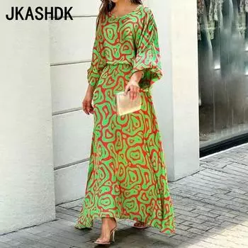 JKASHDK Women s Fashion Casual Spring Autumn Geometric Print 3/4 Sleeves O Neck Trousers Pants Suits S
