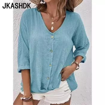 JKASHDK Женская мода Повседневная весна-осень Однотонные принты Длинные рукава V-образный вырез Блузки и рубашки S синий