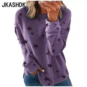 JKASHDK Женская мода Повседневная весна-осень Звездный принт Длинные рукава О-образный вырез Блузки и рубашки S фиолетовый