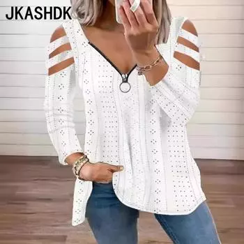 JKASHDK Женская мода Повседневная весна-осень Однотонные принты Длинные рукава V-образный вырез Блузки и рубашки S белый