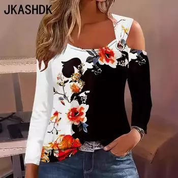 JKASHDK Women s Fashion Casual Spring Fall Flower Pattern Print Long Sleeve O-Neck Blouses & Shirts