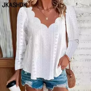 JKASHDK Women s Fashion Casual Spring Fall Solid Color Print Long Sleeve V-Neck Blouses & Shirts