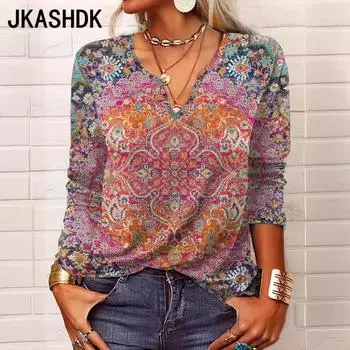 JKASHDK Women s Fashion Casual Spring Fall Print Long Sleeve V-Neck Pullovers & Long Sleeves S