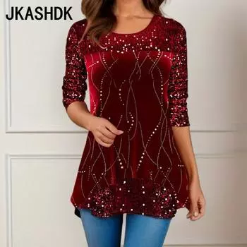 JKASHDK Women s Fashion Casual Spring Fall Flower Pattern Print Long Sleeve O-Neck Pullovers & Long Sleeves S фиолетовый