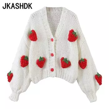 JKASHDK Women s Fashion Casual Strawberry Print Fall Winter Long Sleeve V-Neck Sweaters One Size