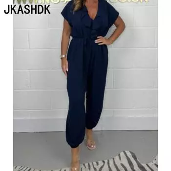 JKASHDK Женская мода повседневная летняя весна однотонная принт с коротким рукавом средняя талия брюки комбинезоны и ромперы S темно-синий