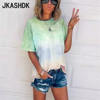 JKASHDK Женские модные повседневные летние весенние блузки и рубашки с короткими рукавами и круглым вырезом с цветным принтом S зелёный