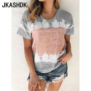 JKASHDK Женские модные повседневные летние весенние блузки и рубашки с короткими рукавами и круглым вырезом с цветным принтом S серый