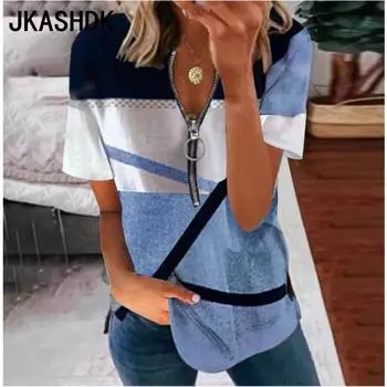 JKASHDK Women s Fashion Casual Summer Spring Colour Block Print Short Sleeve V-Neck Blouses & Shirts