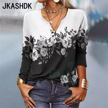 JKASHDK Women s Fashion Casual Summer Spring Flower Pattern Print Long Sleeve V-Neck Blouses & Shirts