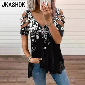 JKASHDK Женская мода Повседневная Летняя Весна Цветочный Узор Принт Короткие Рукава V-образный Вырез Блузки и Рубашки S