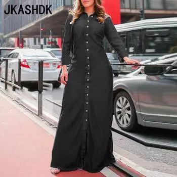 JKASHDK Женская мода весна осень однотонный принт длинный рукав воротник поло средняя талия повседневные платья S светло-синий