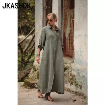 JKASHDK Женская мода весна осень однотонный принт длинный рукав воротник поло свободная талия повседневные платья S армия зеленый