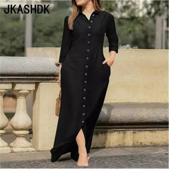 JKASHDK Женская мода весна осень однотонный принт длинный рукав воротник поло средняя талия повседневные платья S