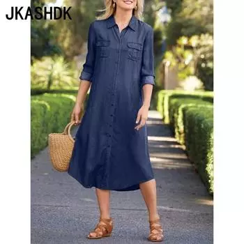 JKASHDK Женская мода весна осень однотонный принт длинный рукав воротник поло свободная талия повседневные платья S светло-синий