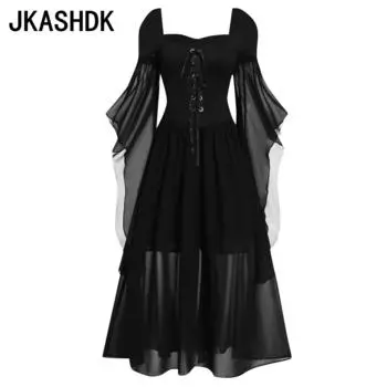 JKASHDK Женская мода весна-осень однотонный принт рукава 3/4 квадратный воротник высокая талия повседневные платья S чёрный