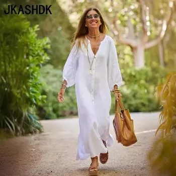 JKASHDK Женская мода весна-осень однотонные принты длинные рукава V-образный вырез свободная талия повседневные платья S белый