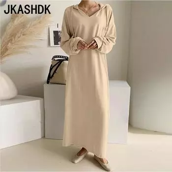 JKASHDK Women s Fashion Spring Fall Solid Color Print Long Sleeve Hooded Loose Waistline Casual Dresses