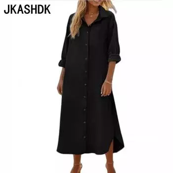 JKASHDK Women s Fashion Spring Fall Solid Color Print Long Sleeve POLO Neck Loose Waistline Casual Dresses