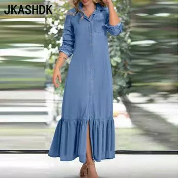 JKASHDK Женская мода весна осень однотонный принт длинный рукав воротник поло средняя талия повседневные платья S темно-синий