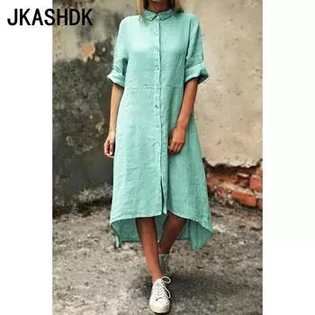 JKASHDK Женская мода весна осень однотонный принт длинный рукав воротник поло свободная талия повседневные платья S темно-зеленого