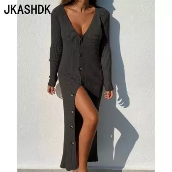 JKASHDK Женская мода весна осень однотонный принт с длинным рукавом и v-образным вырезом со средней талией повседневные платья S чёрный