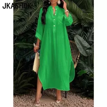 JKASHDK Женская мода весна осень однотонный принт длинный рукав воротник стойка свободная талия повседневные платья S зелёный