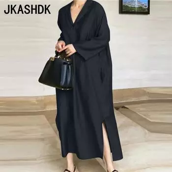 JKASHDK Женская мода весна осень однотонный принт длинный рукав воротник поло свободная талия повседневные платья S чёрный