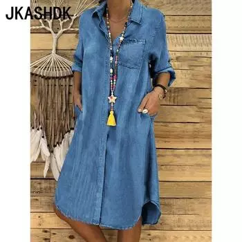 JKASHDK Женская мода весна осень однотонный принт длинный рукав воротник поло свободная талия повседневные платья S светло-синий