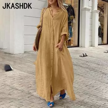 JKASHDK Женская мода весна осень однотонный принт длинный рукав воротник поло свободная талия повседневные платья S жёлтый