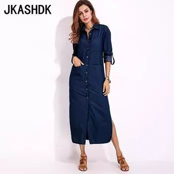 JKASHDK Women s Fashion Spring Fall Solid Color Print Long Sleeve POLO Neck Middle Waistline Casual Dresses
