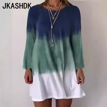 JKASHDK Женская мода лето весна цвет блок принт длинный рукав О-образный вырез свободная талия повседневные платья S синий