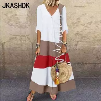 JKASHDK Women s Fashion Summer Spring Colour Block Print 3/4 Sleeves V-Neck Loose Waistline Casual Dresses