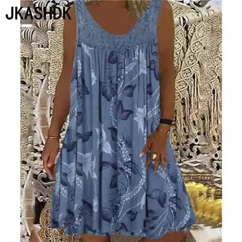 JKASHDK Женская мода Лето Весна Перо Принт Без Рукавов U-образный вырез Свободная талия Повседневные Платья S серый