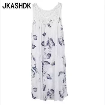 JKASHDK Женская мода Лето Весна Перо Принт Без Рукавов U-образный вырез Свободная талия Повседневные Платья S белый