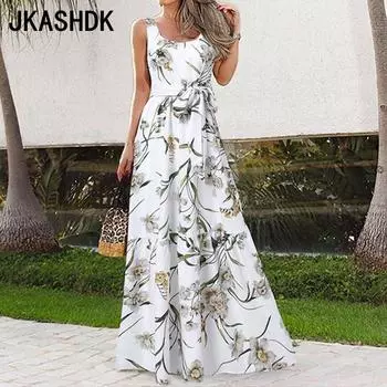 JKASHDK Женская мода Лето Весна Цветочный узор Принт Без рукавов U-образный вырез Высокая талия Повседневные платья S белый