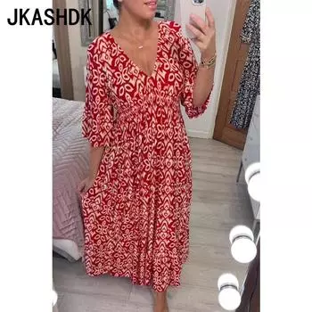 JKASHDK Women s Fashion Summer Spring Flower Pattern Print 1/2 Sleeves V-Neck Casual Dresses S красный