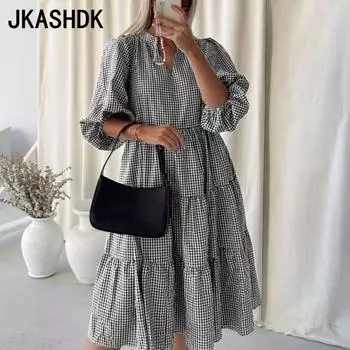 JKASHDK Женская мода Лето Весна Клетчатый принт Рукава 1/2 V-образный вырез Средняя талия Повседневные платья S чёрный