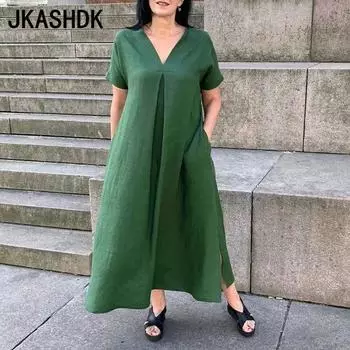 JKASHDK Women s Fashion Summer Spring Solid Color Print Short Sleeve V-Neck Loose Waistline Casual Dresses