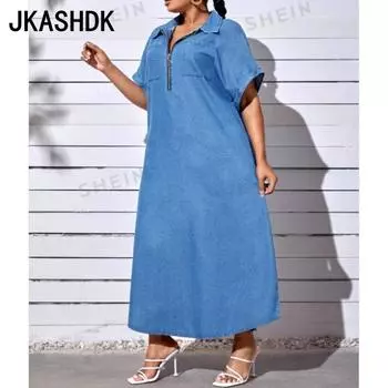 JKASHDK Женская мода Лето Весна Однотонный Принт Короткий Рукав Воротник-ПОЛО Свободная Талия Повседневные Платья S светло-синий