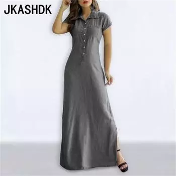 JKASHDK Женская мода лето весна сплошной цвет печати короткий рукав ПОЛО шеи Высокая талия повседневные платья S серый