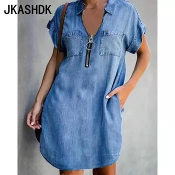 JKASHDK Женская мода Лето Весна Однотонный Принт Короткий Рукав Воротник-ПОЛО Свободная Талия Повседневные Платья S темно-синий