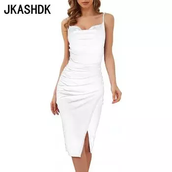 JKASHDK Женская мода лето весна однотонный принт без рукавов с высокой талией повседневные платья S белый